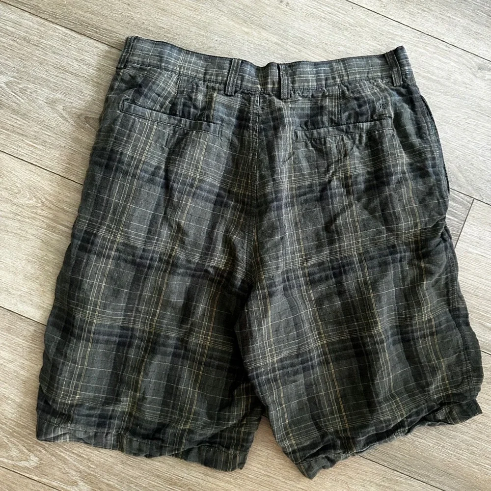 Tommy Bahama Mens 32 Plaid Linen Silk Blend Shorts Dark Green Brown Flat Front